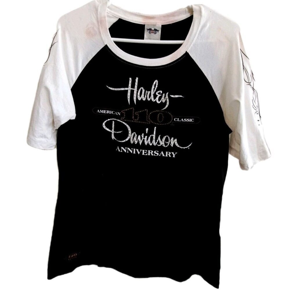 Harley-Davidson Women's M Raglan Sleeve 110th Anniversary Tee Rhinestones